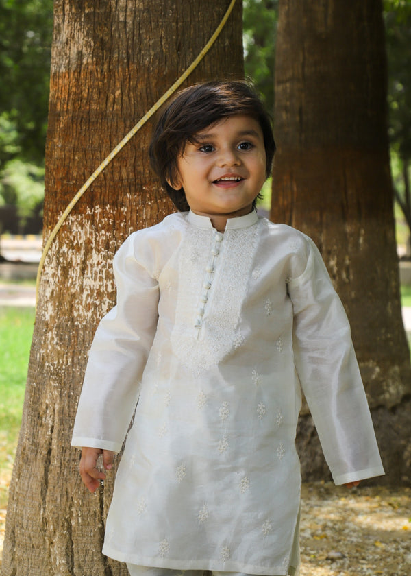 Elegant Off-White Embroidered Raw Silk 2-Piece Suit for Boys