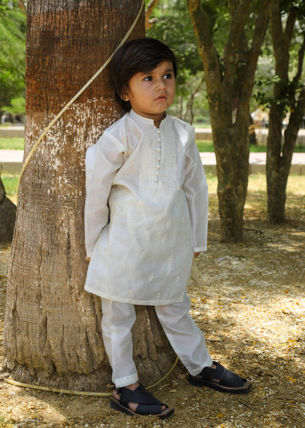 Elegant Off-White Embroidered Raw Silk 2-Piece Suit for Boys