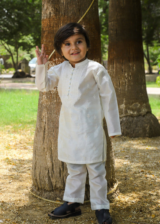 Elegant Off-White Embroidered Raw Silk 2-Piece Suit for Boys