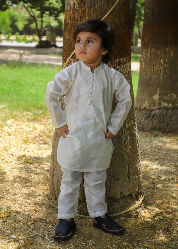 Elegant Off-White Embroidered Raw Silk 2-Piece Suit for Boys