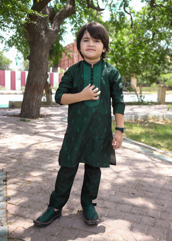 Bottle Green Embroidered Raw Silk 2-Piece Suit for Boys