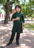 Bottle Green Embroidered Raw Silk 2-Piece Suit for Boys