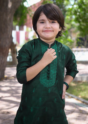 Bottle Green Embroidered Raw Silk 2-Piece Suit for Boys