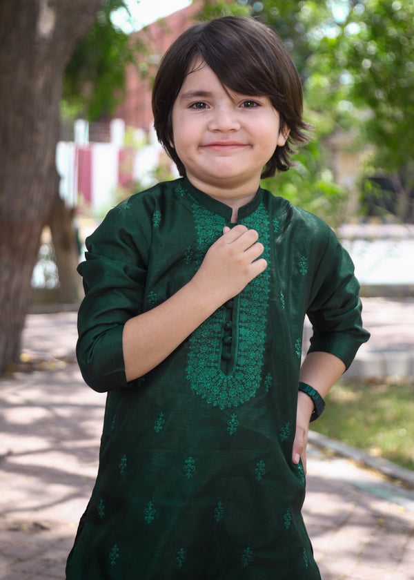 Bottle Green Embroidered Raw Silk 2-Piece Suit for Boys