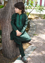 Bottle Green Embroidered Raw Silk 2-Piece Suit for Boys