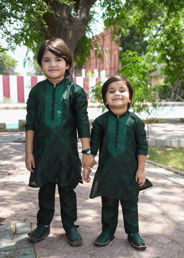 Bottle Green Embroidered Raw Silk 2-Piece Suit for Boys