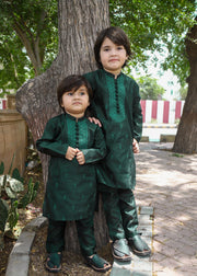 Bottle Green Embroidered Raw Silk 2-Piece Suit for Boys