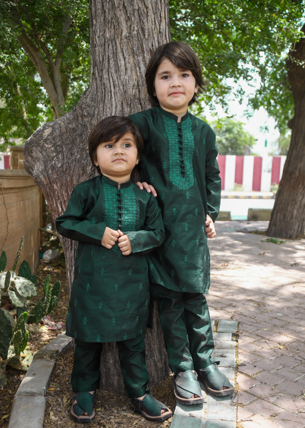 Bottle Green Embroidered Raw Silk 2-Piece Suit for Boys