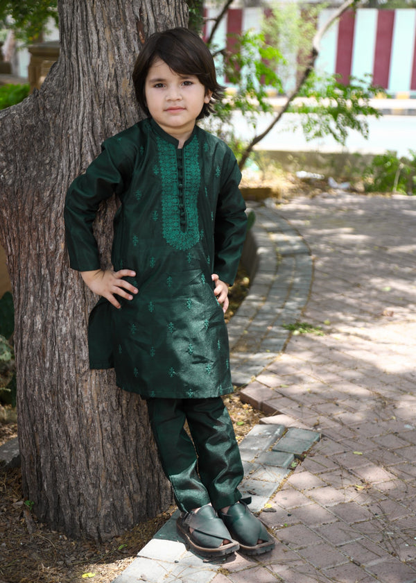 Bottle Green Embroidered Raw Silk 2-Piece Suit for Boys