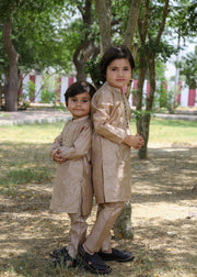 Khaki Brown Embroidered Raw Silk 2-Piece Suit for Boys