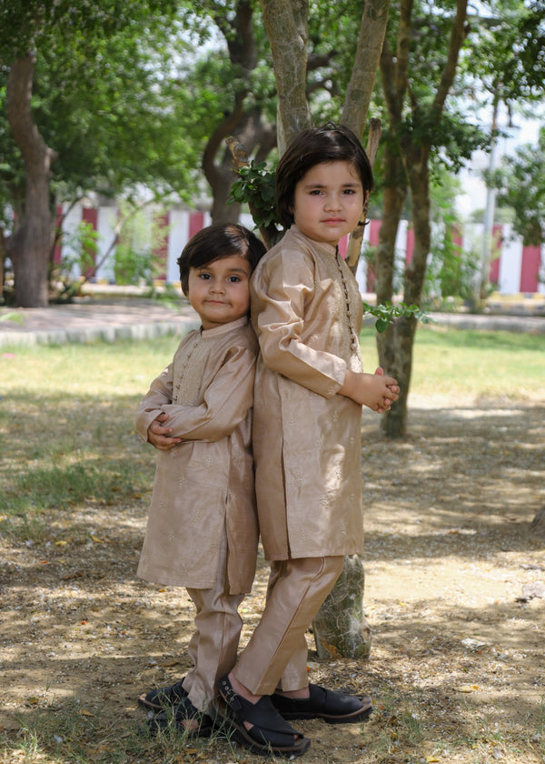 Khaki Brown Embroidered Raw Silk 2-Piece Suit for Boys