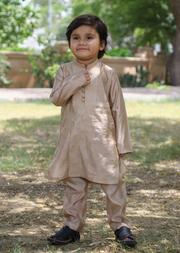 Khaki Brown Embroidered Raw Silk 2-Piece Suit for Boys