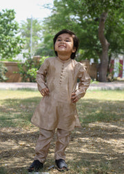 Khaki Brown Embroidered Raw Silk 2-Piece Suit for Boys