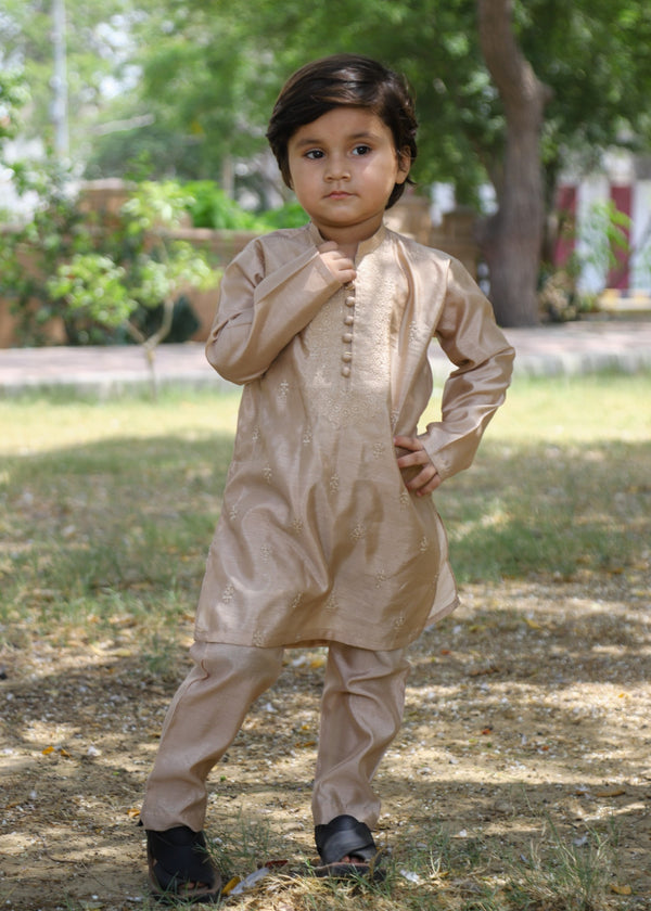 Khaki Brown Embroidered Raw Silk 2-Piece Suit for Boys