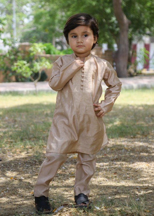 Khaki Brown Embroidered Raw Silk 2-Piece Suit for Boys