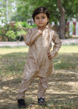 Khaki Brown Embroidered Raw Silk 2-Piece Suit for Boys