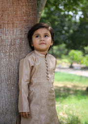 Khaki Brown Embroidered Raw Silk 2-Piece Suit for Boys