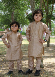Khaki Brown Embroidered Raw Silk 2-Piece Suit for Boys