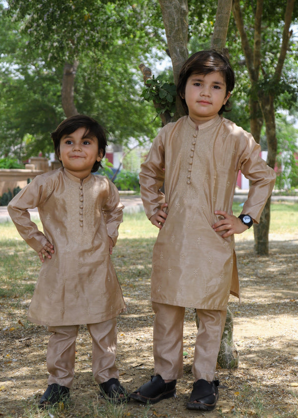 Khaki Brown Embroidered Raw Silk 2-Piece Suit for Boys