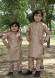 Khaki Brown Embroidered Raw Silk 2-Piece Suit for Boys