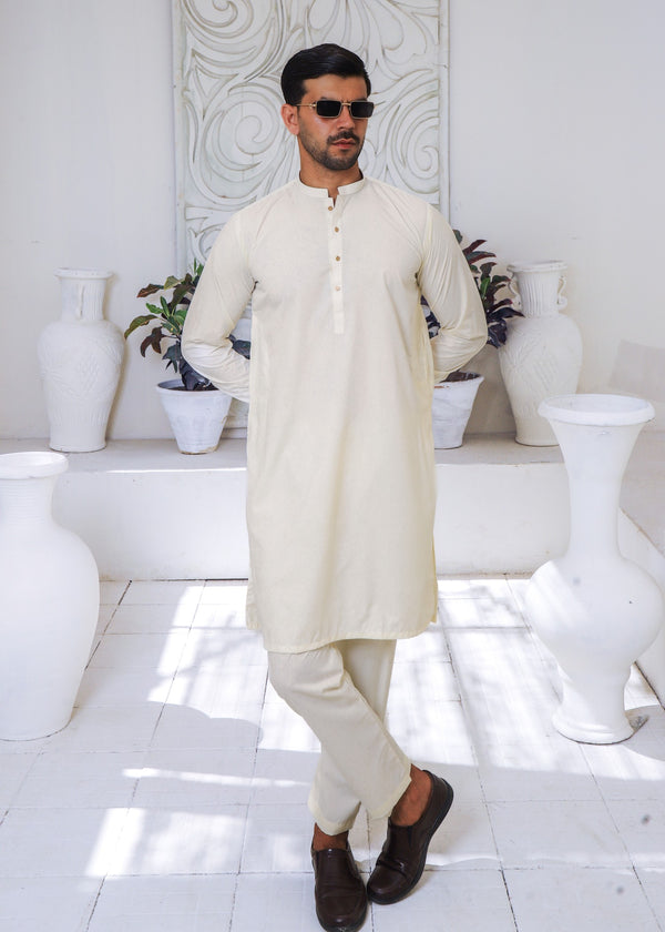 Pearl White Wash & Wear 2-Piece Kurta Set for Men