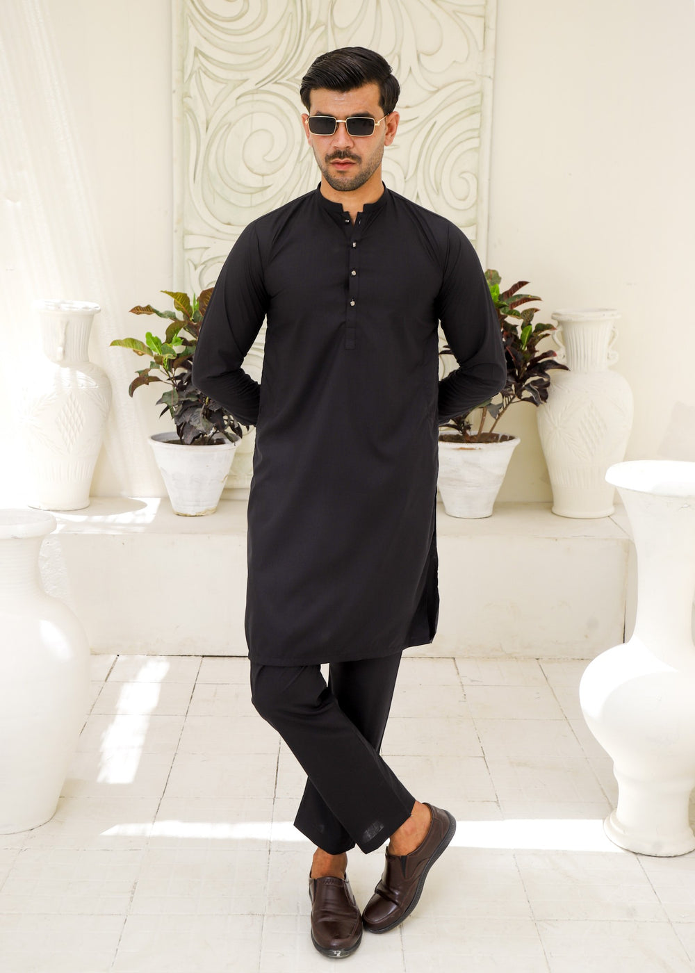 Black Wash & Wear 2-Piece Kurta Set for Men