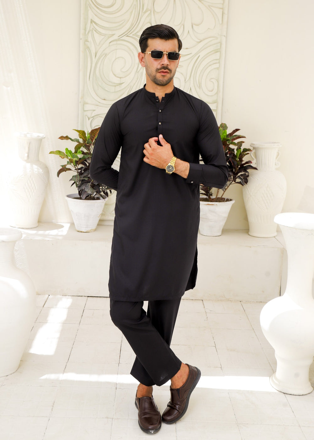 Black Wash & Wear 2-Piece Kurta Set for Men