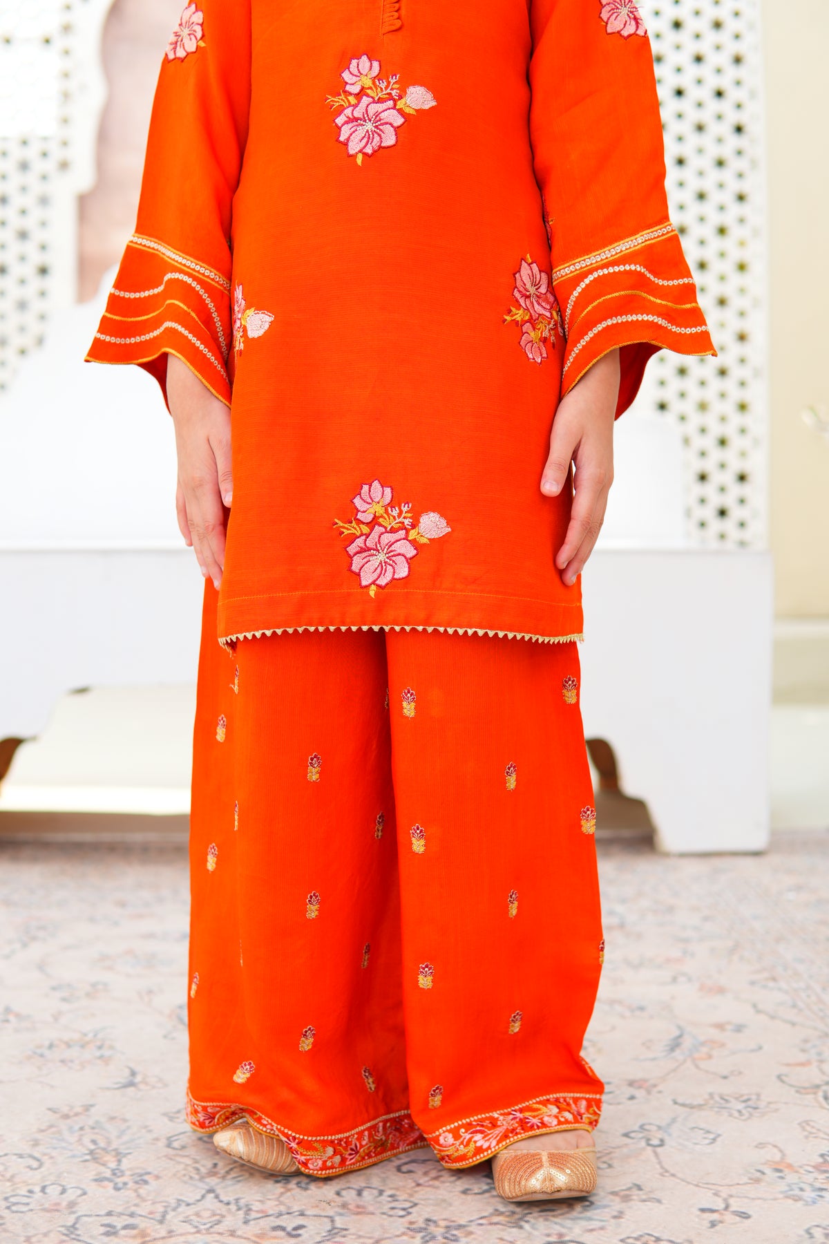 Luxury Embroidered Soft Raw Silk Shirt with Flapper & Net Dupatta For Girls
