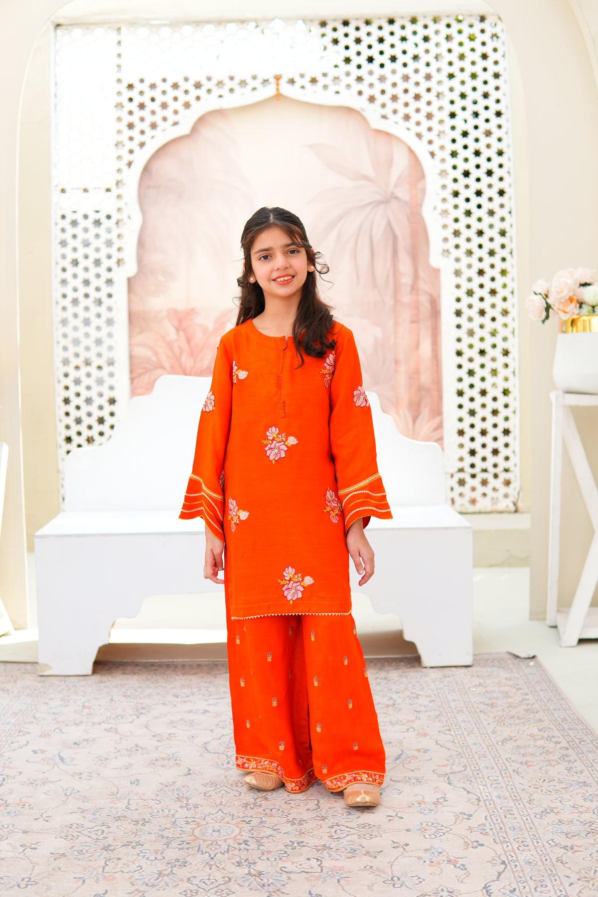 Luxury Embroidered Soft Raw Silk Shirt with Flapper & Net Dupatta For Girls