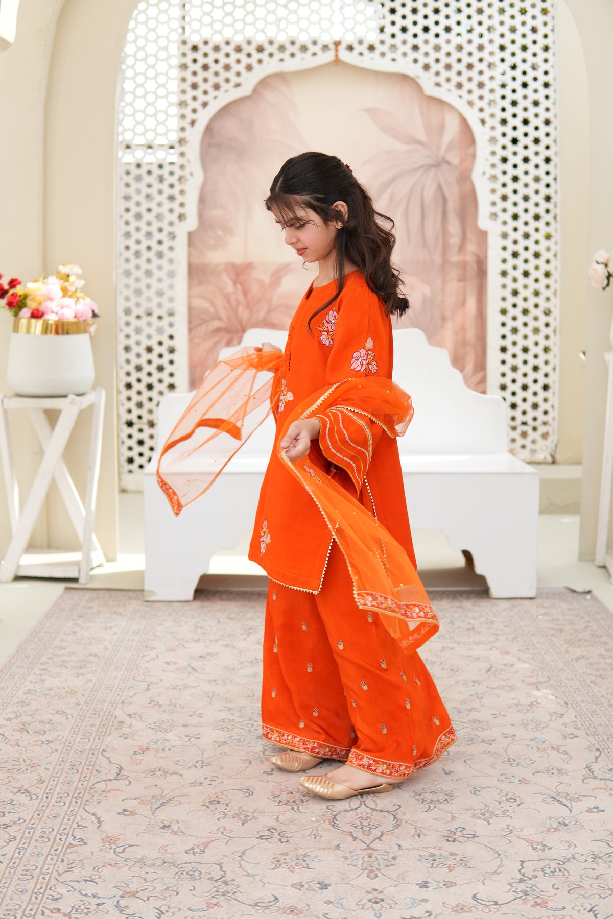 Luxury Embroidered Soft Raw Silk Shirt with Flapper & Net Dupatta For Girls