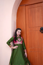 Block Printed Raw Silk Maxi with Dupatta For Girls