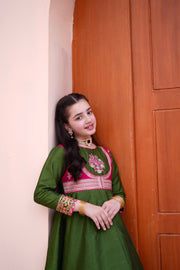 Block Printed Raw Silk Maxi with Dupatta For Girls
