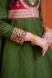Block Printed Raw Silk Maxi with Dupatta For Girls