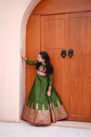 Block Printed Raw Silk Maxi with Dupatta For Girls