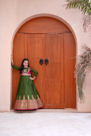 Block Printed Raw Silk Maxi with Dupatta For Girls