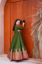 Block Printed Raw Silk Maxi with Dupatta For Girls
