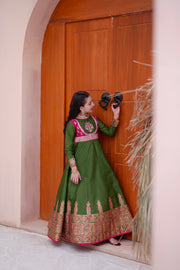 Block Printed Raw Silk Maxi with Dupatta For Girls