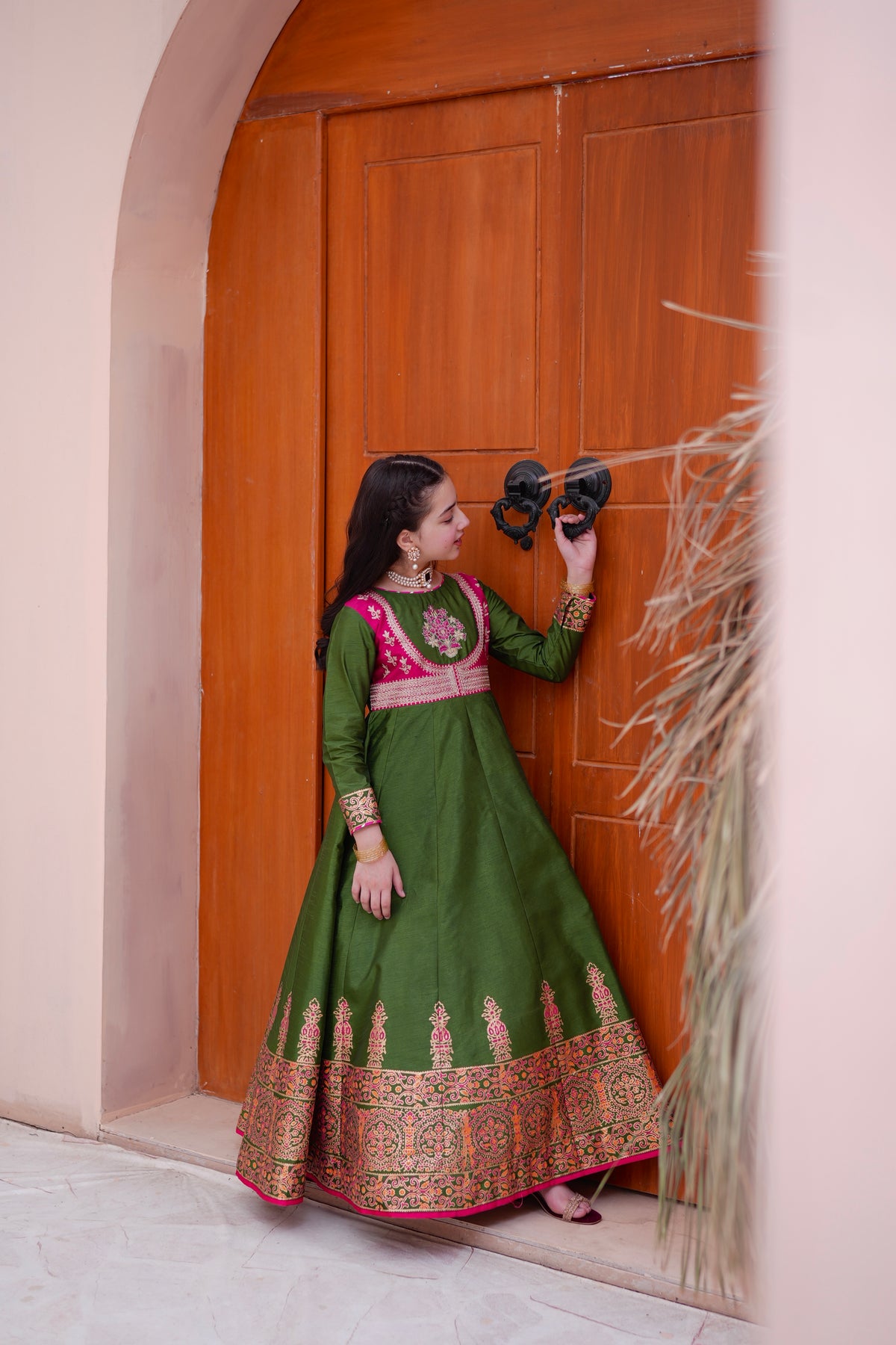 Block Printed Raw Silk Maxi with Dupatta For Girls