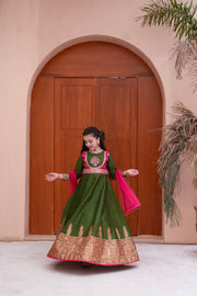 Block Printed Raw Silk Maxi with Dupatta For Girls
