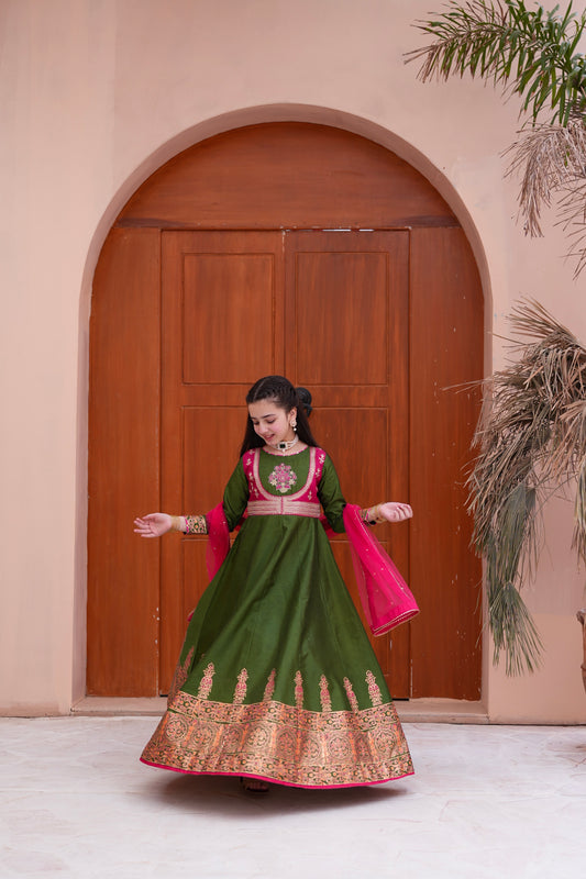 Block Printed Raw Silk Maxi with Dupatta For Girls
