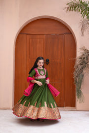 Block Printed Raw Silk Maxi with Dupatta For Girls