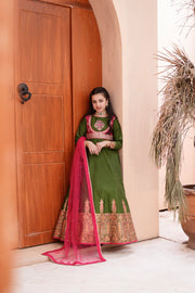 Block Printed Raw Silk Maxi with Dupatta For Girls