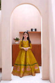 Block Printed Raw Silk Maxi with Dupatta For Girls