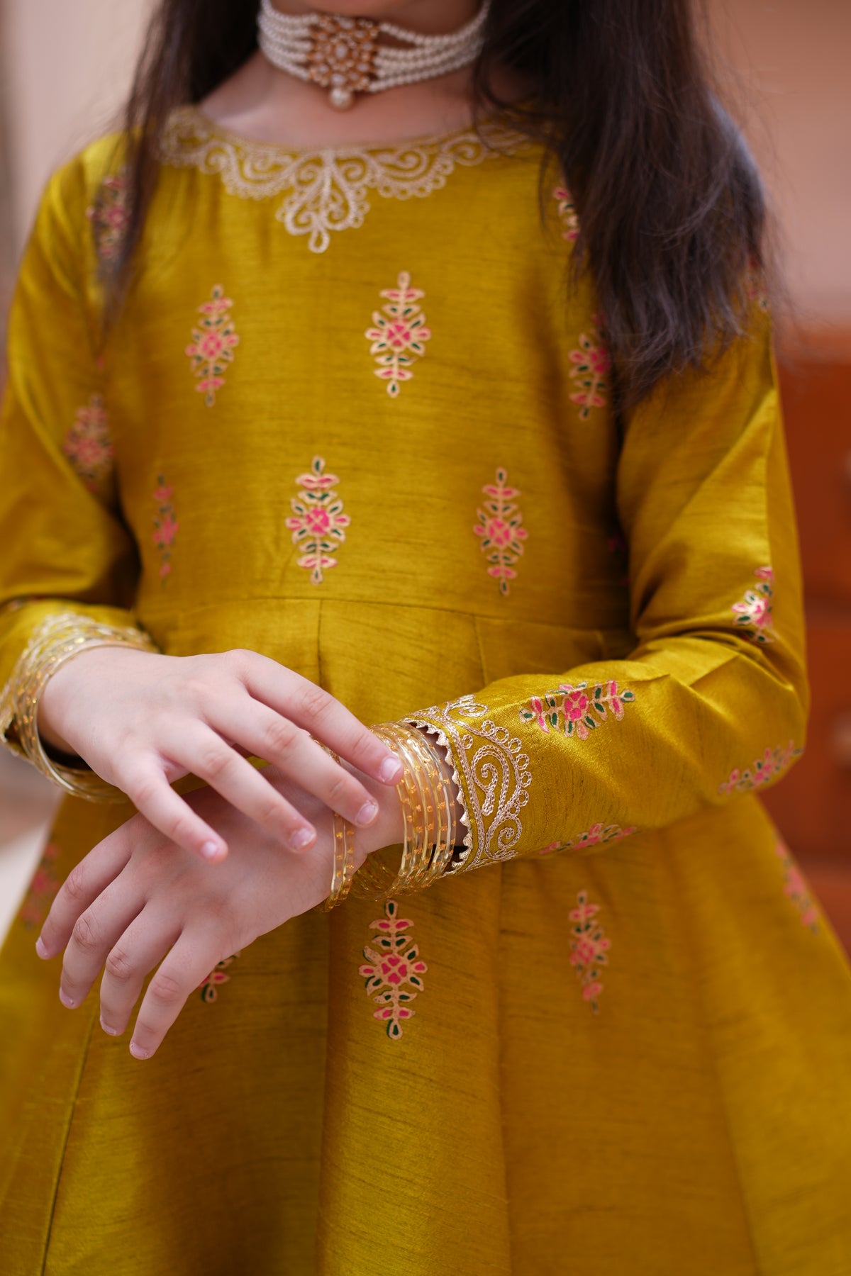 Block Printed Raw Silk Maxi with Dupatta For Girls