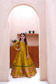 Block Printed Raw Silk Maxi with Dupatta For Girls