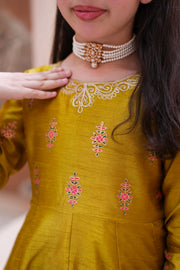 Block Printed Raw Silk Maxi with Dupatta For Girls