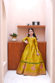 Block Printed Raw Silk Maxi with Dupatta For Girls