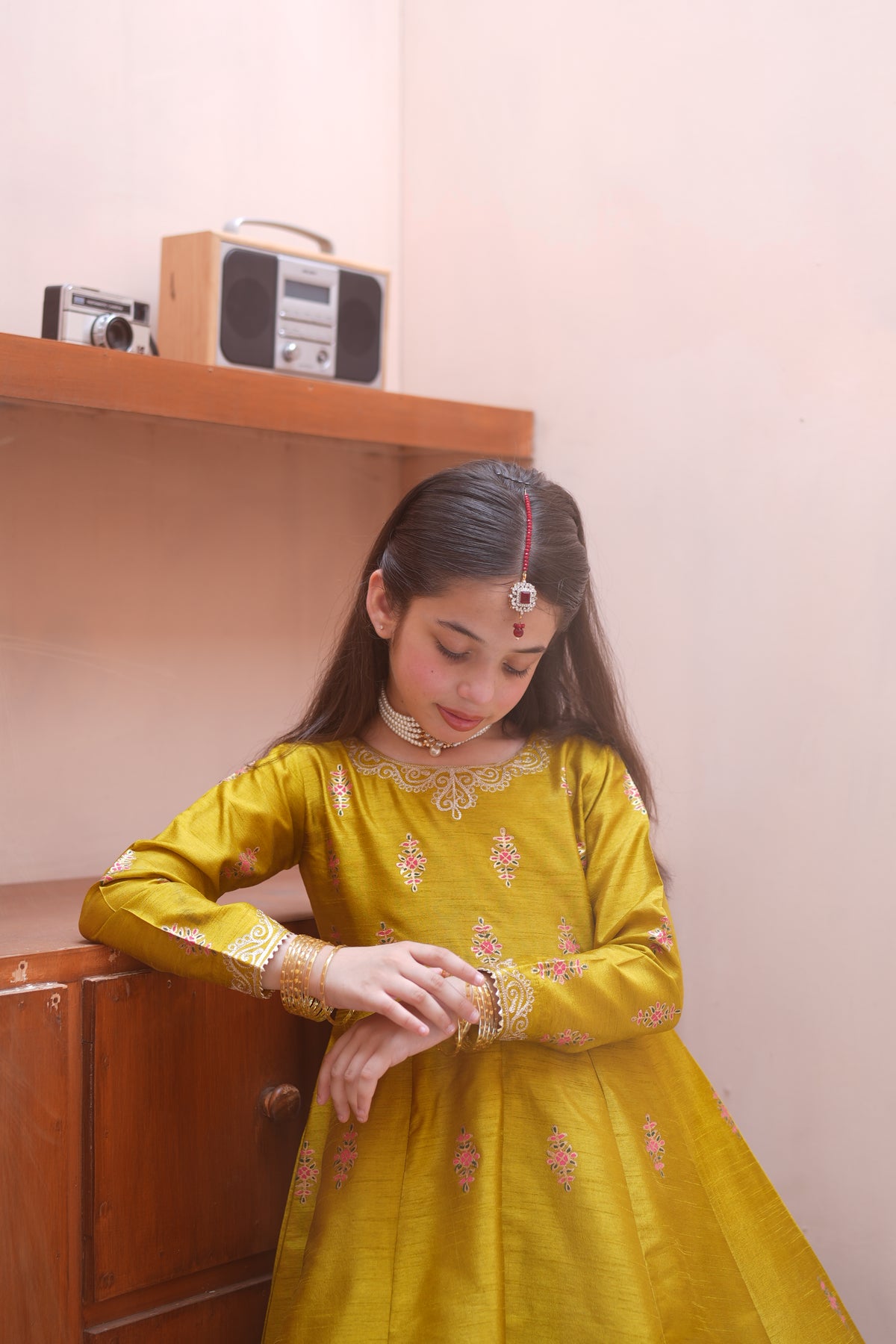 Block Printed Raw Silk Maxi with Dupatta For Girls