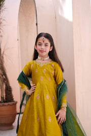 Block Printed Raw Silk Maxi with Dupatta For Girls