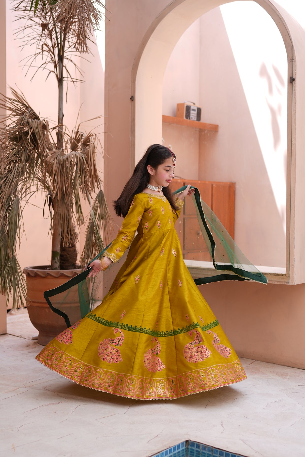 Block Printed Raw Silk Maxi with Dupatta For Girls